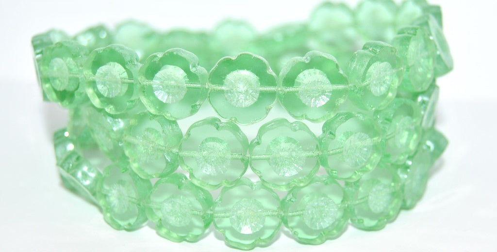 Table Cut Round Beads Hawaii Flowers, Transparent Green Luster Cream (50500-14401), Glass, Czech Republic