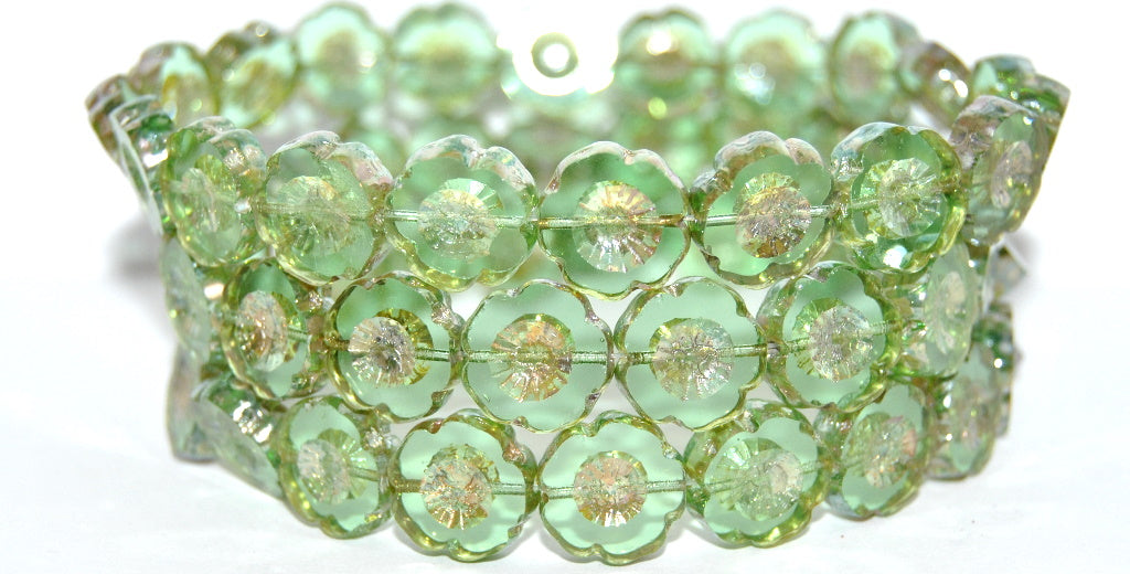 Table Cut Round Beads Hawaii Flowers, Transparent Green Rembrandt Travertin (50500-43500), Glass, Czech Republic