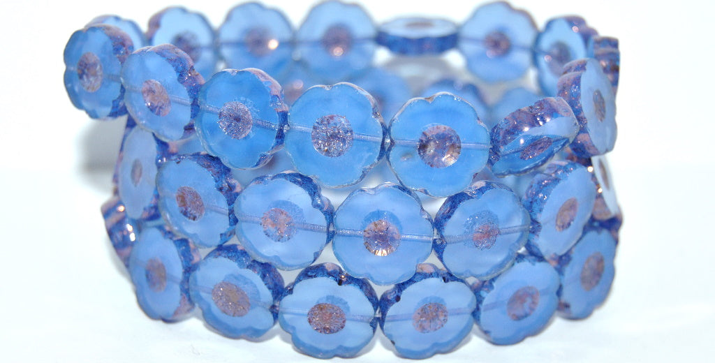 Table Cut Round Beads Hawaii Flowers, Opal Blue Bronze Br (31010-14415-BR), Glass, Czech Republic
