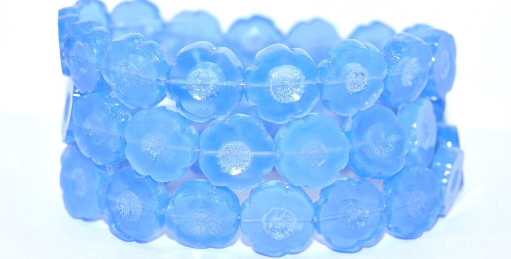 Table Cut Round Beads Hawaii Flowers, Opal Blue Hematite Br (31000-14400-BR), Glass, Czech Republic