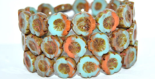 Table Cut Round Beads Hawaii Flowers, Turquoise Orange Travertin (631381260-86800), Glass, Czech Republic