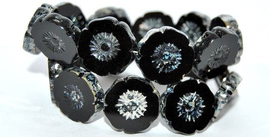 Table Cut Round Beads Hawaii Flowers, Black Rembrandt Travertin (23980-43500), Glass, Czech Republic