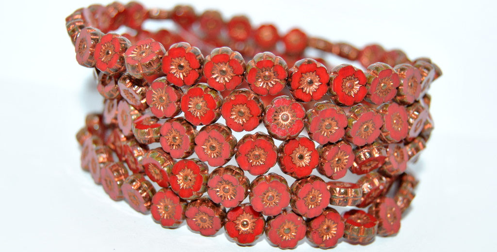 Table Cut Round Beads Hawaii Flowers, Opaque Red 86 55307 (93200-86-55307), Glass, Czech Republic