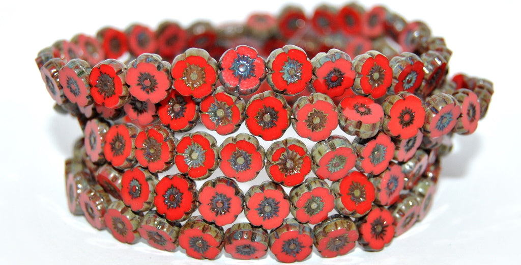Table Cut Round Beads Hawaii Flowers, Opaque Red 86800B (93200-86800B), Glass, Czech Republic