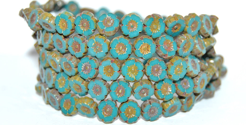 Table Cut Round Beads Hawaii Flowers, Blue Travertin (63900-86800), Glass, Czech Republic