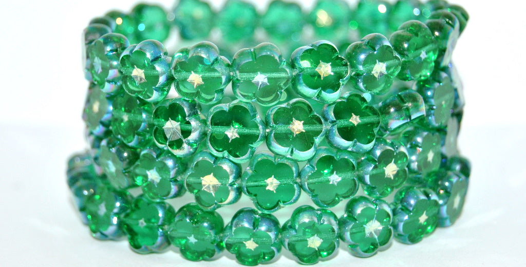 Table Cut Flower Beads, Transparent Green Emerald Ab 2Xside (50720-AB-2XSIDE), Glass, Czech Republic