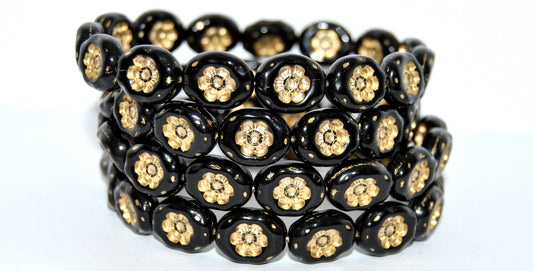 Oval Pressed Glass Beads With Flowers,Black Gold Lined (23980-54202), Glass, Czech Republic