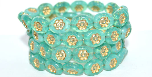 Oval Pressed Glass Beads With Flowers, Opal Aqua Gold Lined Uranium (61100-54202-URANIUM), Glass, Czech Republic