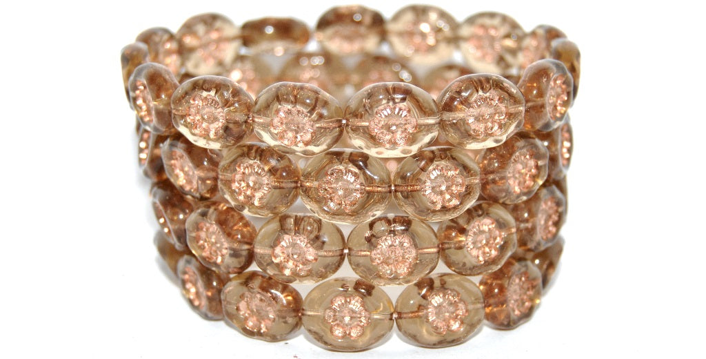 Oval Pressed Glass Beads With Flowers, Transparent Brown Copper Lined (10210-54200), Glass, Czech Republic