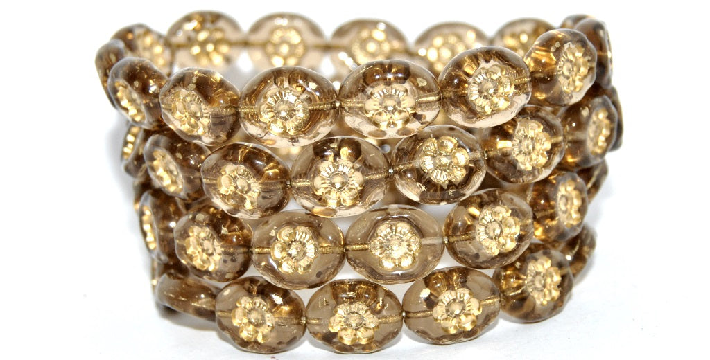 Oval Pressed Glass Beads With Flowers, Transparent Brown Gold Lined (10210-54202), Glass, Czech Republic