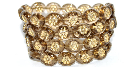 Oval Pressed Glass Beads With Flowers, Transparent Brown Gold Lined (10210-54202), Glass, Czech Republic