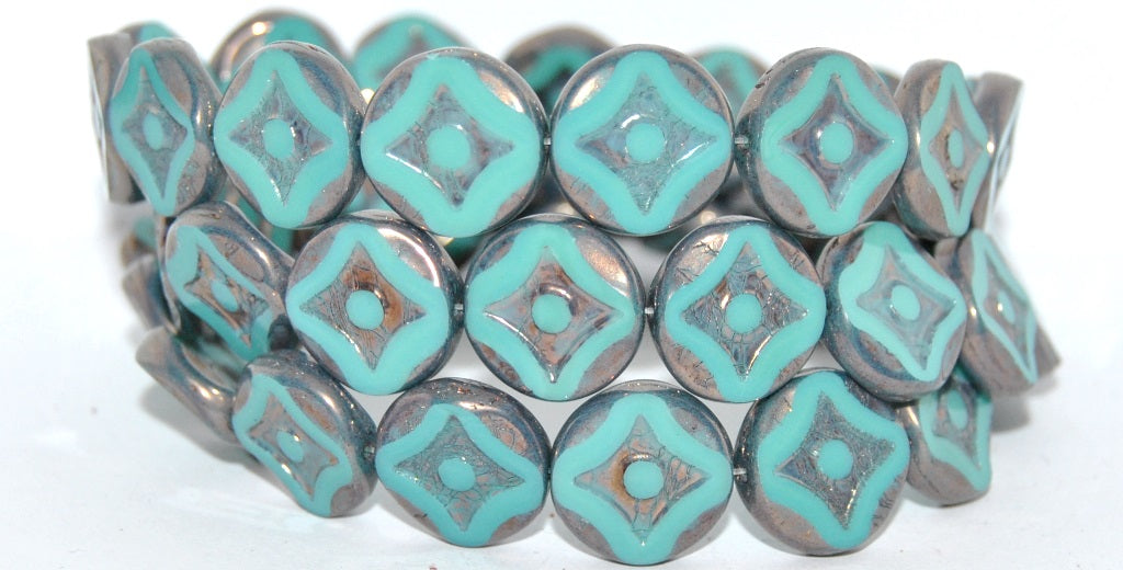 Table Cut Round Beads With Star, Turquoise Bronze (63130-14415), Glass, Czech Republic