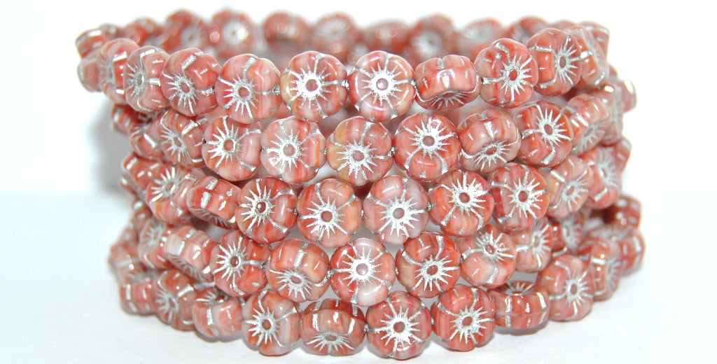 Hawaii Flower Pressed Glass Beads, Green Purple Silver Lined (95000-54201), Glass, Czech Republic