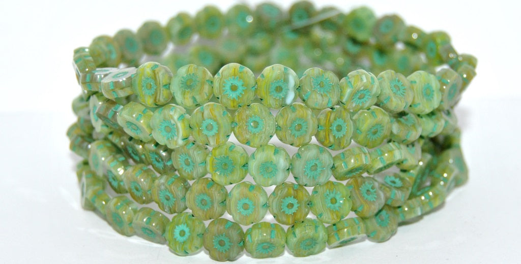 Table Cut Round Beads Hawaii Flowers, Opal Green 47550 (51010201-47550), Glass, Czech Republic