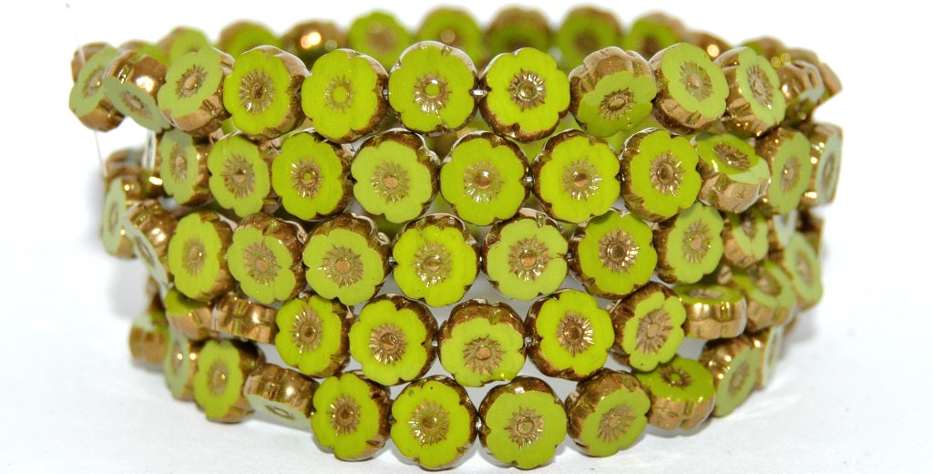 Table Cut Round Beads Hawaii Flowers, Opaque Green Bronze (53400B-14415), Glass, Czech Republic