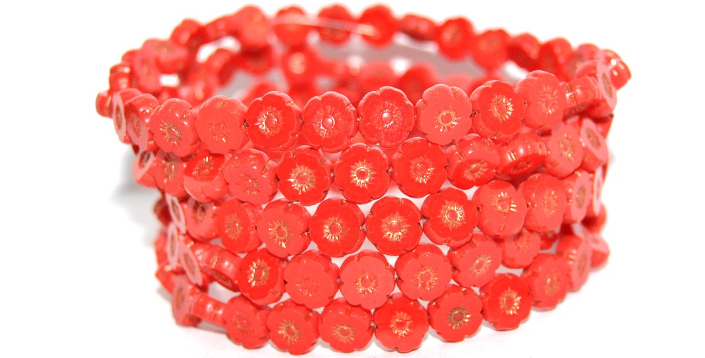 Table Cut Round Beads Hawaii Flowers, Red 55307 (93190-55307), Glass, Czech Republic