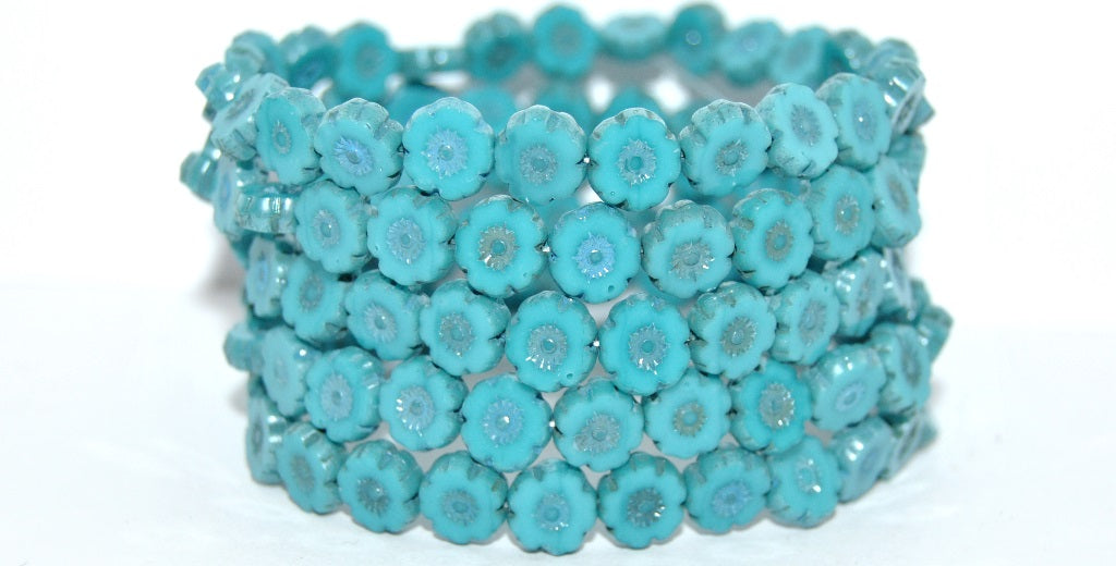 Table Cut Round Beads Hawaii Flowers, Blue 14464B (63900-14464B), Glass, Czech Republic