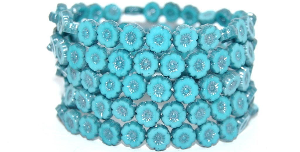 Table Cut Round Beads Hawaii Flowers, Blue Luster Blue Full Coated (63900-14464), Glass, Czech Republic