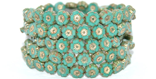 Table Cut Round Beads Hawaii Flowers, Turquise 86 Gold Lined (63140-86-54202), Glass, Czech Republic