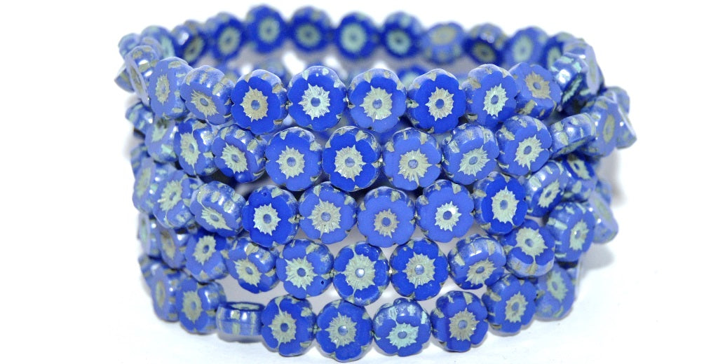 Table Cut Round Beads Hawaii Flowers, Rich Blue Hematite Green Lined (33060-14400-46450), Glass, Czech Republic