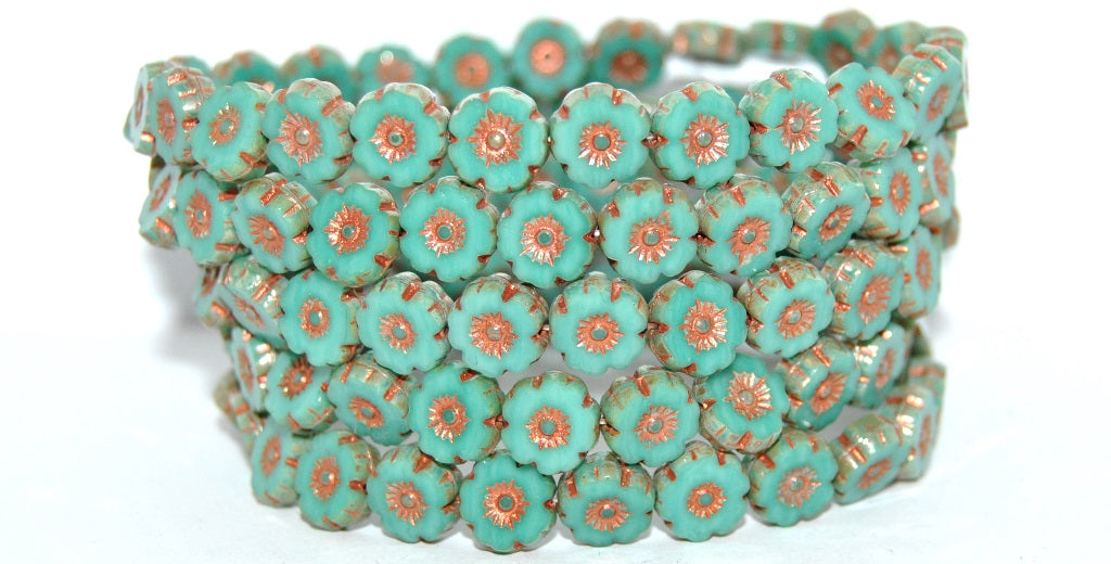 Table Cut Round Beads Hawaii Flowers, Turquise 86 55307 (63140-86-55307), Glass, Czech Republic