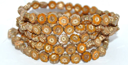 Table Cut Round Beads Hawaii Flowers, Opaque Brown 86 Gold Lined (13600-86-54202), Glass, Czech Republic