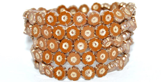 Table Cut Round Beads Hawaii Flowers, Opaque Brown Hematite Gold Lined (13600-14400-54202), Glass, Czech Republic