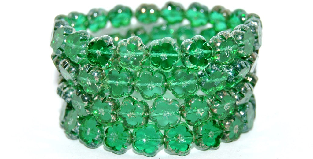 Table Cut Flower Beads, Transparent Green Emerald Rembrandt Travertin (50720-43500), Glass, Czech Republic