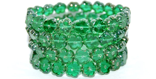 Table Cut Flower Beads, Transparent Green Emerald Rembrandt Travertin (50720-43500), Glass, Czech Republic