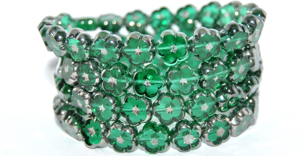 Table Cut Flower Beads, Transparent Green Emerald Chrome (50720-CHROME), Glass, Czech Republic