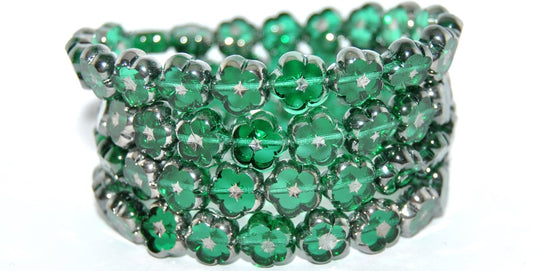 Table Cut Flower Beads, Transparent Green Emerald Chrome (50720-CHROME), Glass, Czech Republic