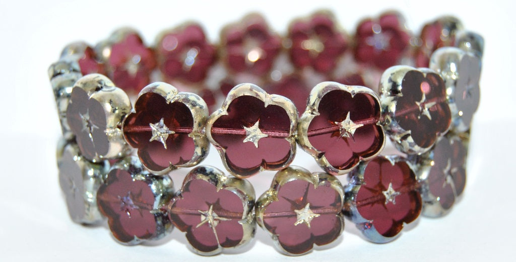 Table Cut Flower Beads, Transparent Amethyst Rembrandt Travertin (20080-43500), Glass, Czech Republic