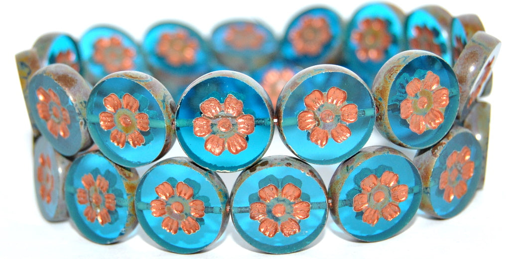 Table Cut Round Beads With Flower, Transparent Aqua 86 55307 (60050-86-55307), Glass, Czech Republic