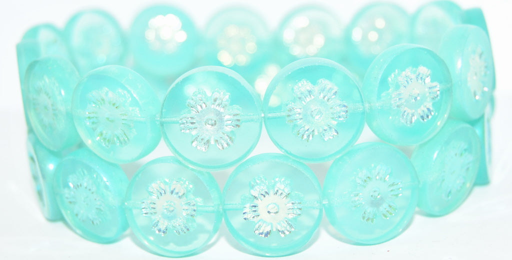 Table Cut Round Beads With Flower, Opal Aqua Ab 2Xside (61010-AB-2XSIDE), Glass, Czech Republic
