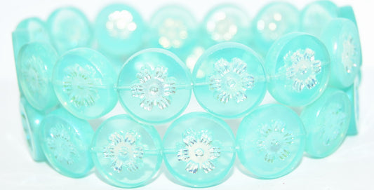 Table Cut Round Beads With Flower, Opal Aqua Ab 2Xside (61010-AB-2XSIDE), Glass, Czech Republic