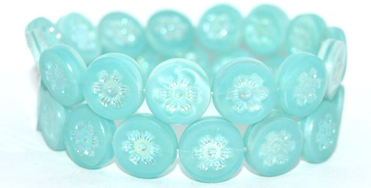 Table Cut Round Beads With Flower, Opal Aqua Ab 2Xside (61300-AB-2XSIDE), Glass, Czech Republic