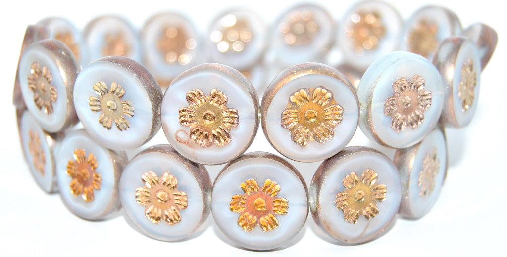 Table Cut Round Beads With Flower, Opal White Rose Gold Capri 2Xside (01000-27101-2XSIDE), Glass, Czech Republic