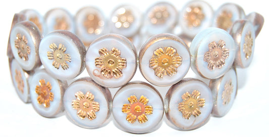 Table Cut Round Beads With Flower, Opal White Rose Gold Capri 2Xside (01000-27101-2XSIDE), Glass, Czech Republic