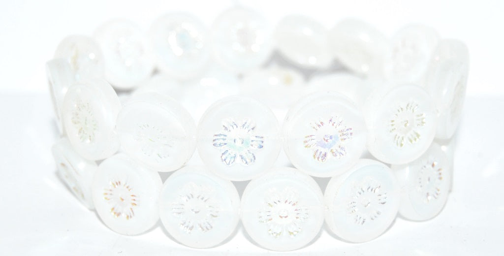 Table Cut Round Beads With Flower, Opal White Ab 2Xside (01000-AB-2XSIDE), Glass, Czech Republic