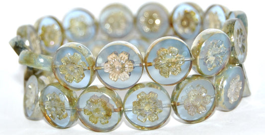 Table Cut Round Beads With Flower, Blue Opal Rembrandt Travertin (BLUE-OPAL-43500), Glass, Czech Republic