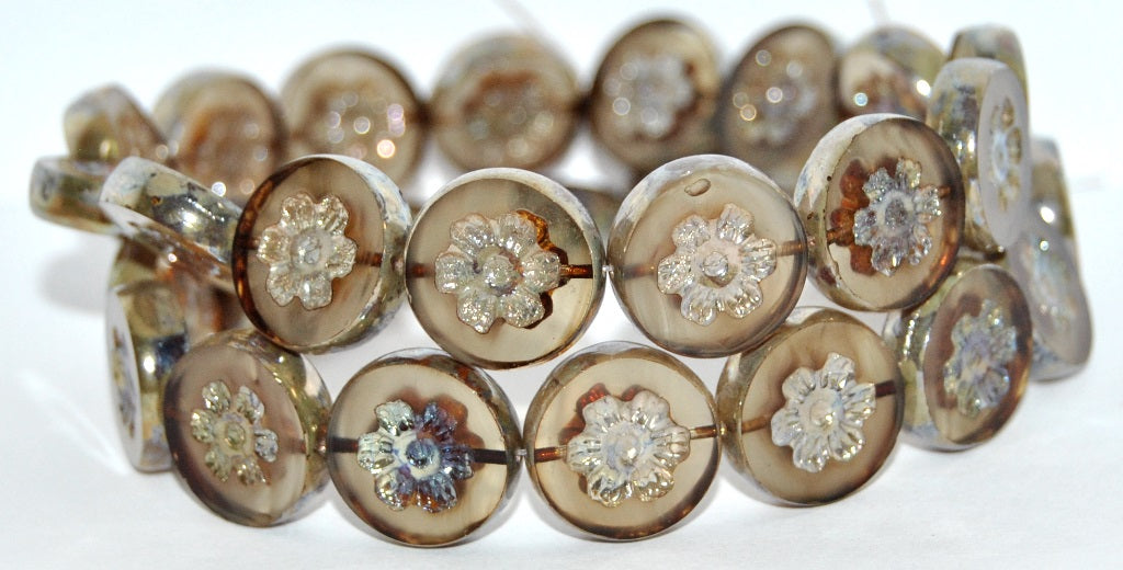 Table Cut Round Beads With Flower, Gray Opal Rembrandt Travertin (GRAY-OPAL-43500), Glass, Czech Republic