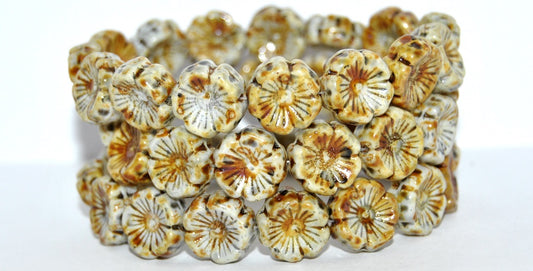 Hawaii Flower Pressed Glass Beads, White 86 34311 (02010-86-34311), Glass, Czech Republic