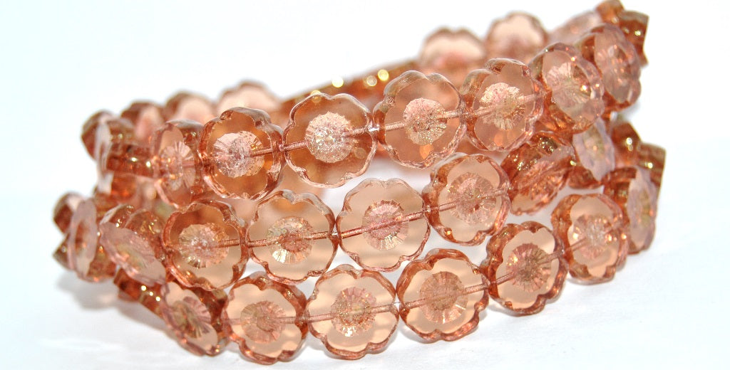 Table Cut Round Beads Hawaii Flowers, Transparent Pink Luster Red Full Coated (70120-14495), Glass, Czech Republic