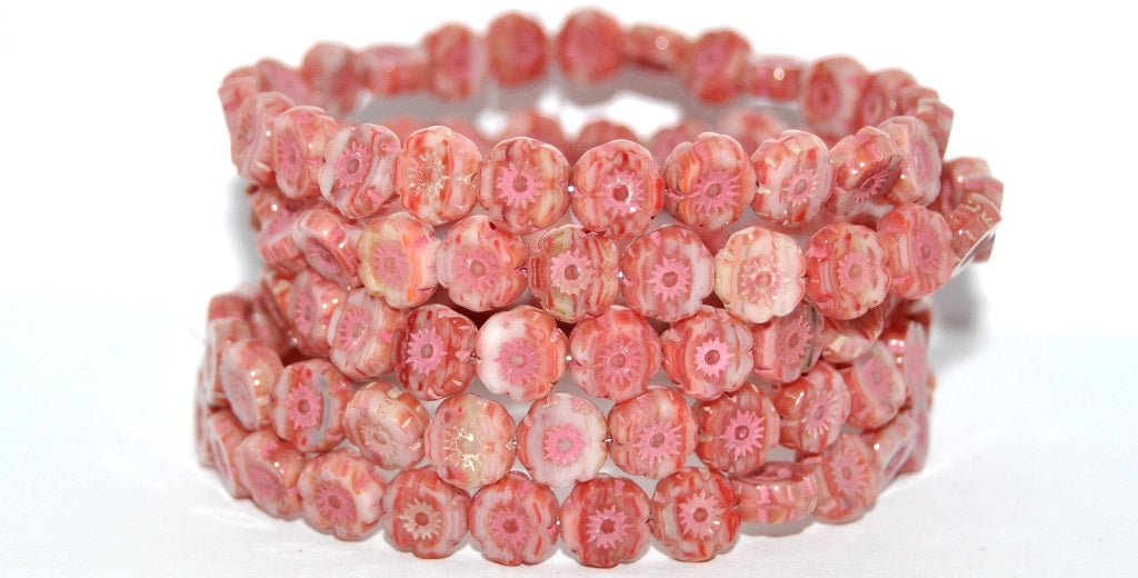 Table Cut Round Beads Hawaii Flowers, Green Purple Pink Lined (95000-46470), Glass, Czech Republic