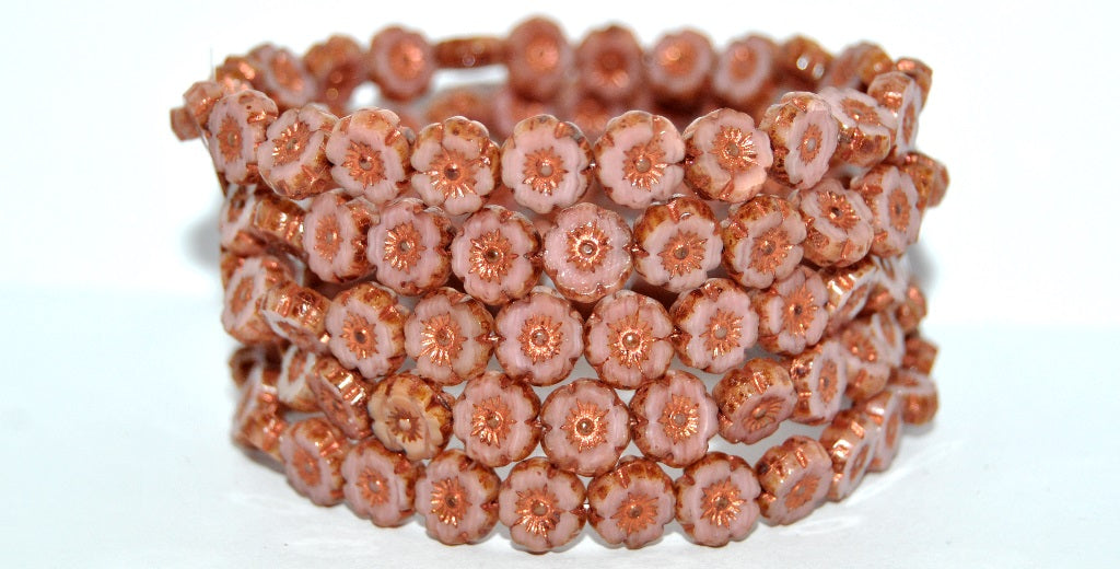 Table Cut Round Beads Hawaii Flowers, Opaque Pink 86 55307 (74020-86-55307), Glass, Czech Republic