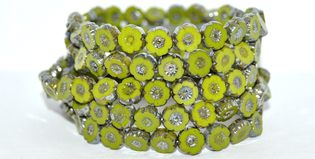 Table Cut Round Beads Hawaii Flowers, Opaque Green Rembrandt Travertin (53400-43500), Glass, Czech Republic
