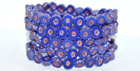 Table Cut Round Beads Hawaii Flowers, Rich Blue Hematite 55307 (33060-14400-55307), Glass, Czech Republic