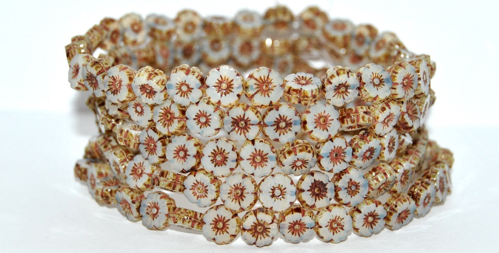 Table Cut Round Beads Hawaii Flowers, Opal White Travertin (01000-86800), Glass, Czech Republic