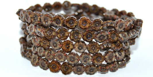 Table Cut Round Beads Hawaii Flowers, Striped Dark Brown Travertin (26117-86800), Glass, Czech Republic