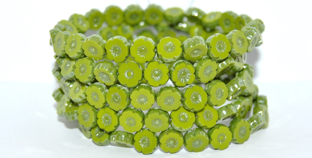Table Cut Round Beads Hawaii Flowers, Opaque Green Hematite (53400-14400), Glass, Czech Republic